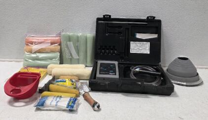 (1) Kane-May Single Gas Analizer SGA91 Carbon Monoxide Tester W/ Case (1) Dektite #3 (DF103G) Gray EPDM Flexible Pipe Flashing (10) 9" Paint Roller Covers (3) 4" Paint Roller Covers (4) 6" Paint Roller Cover (1) Drop Cloth and more