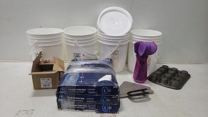 (4) 5 Gal Buckets W/Lids (3) Toilet Lids (2) Cupcake Baking Sheets