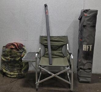 (1) Ameristep Folding Hunting Blind Camo, ***Stock Photo Used*** (1) HFT Pop-up Canopy, approx. 10ft. X 10ft (1) Redington 3ft. Fly Rod Case (1) Folding Camp Chair w/Side Table