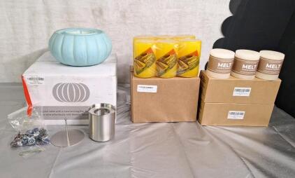(1) Beserie - Cement Pumpkin Tabletop Fire Bowl, Green, (1) 6-Pack Of Citronella Pillar Candles & (2) 3-Packs Of Melt - Pillar Candles