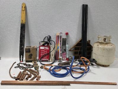 (1) Vintage Sears Solidox Portable Welding Torch (1) Small Exterior Wall Lantern (1) 37" Chainsaw Bar and Chain and More
