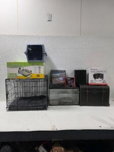 (1) Fixed High Pressure Washer Hose, 100ft 1/4 in. 3300psi (1) Breeze Cat Litter Box (1) 19.5"t x 24" x 17. 5" Pet Crate w/Bed (1) Insignia Subwoofer, unable to test (1) 12" x 20" x 10" Small Reptile Tank and More