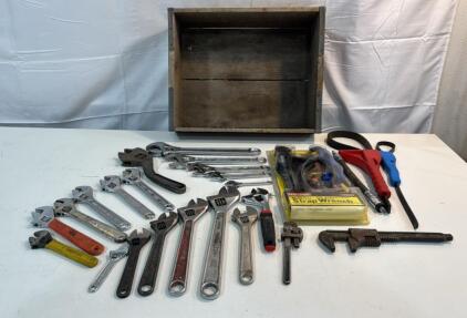 (1) Vintage/ Antique Ford USA Adjustable Monkey Wrench (19) Adjustable Wrenches (1) Lil Pipe Wrench (1) Old Wooden Crate (4) Multi Use Strap Wrench