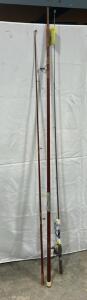 (1) Shakespeare Synergy Steel Titanium Complete Spincasting Combo Rod And Reel (1) Vintage Fiberglass Ocean Fishing Rod