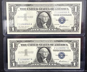 Consecutive Crisp 1957 Series One Dollar Silver Certificates, Serial Numbers Z11068966A and Z11068967A