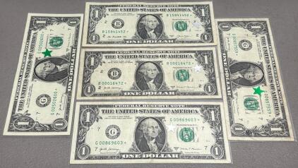 Lot of 5 U.S. Federal Reserve One Dollar Star Notes, 2017 & 2003, Unique Serial Numbers