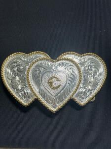 (1) Montana Silversmiths C Initial Silver Engraved Gold Trim Western Belt Buckle