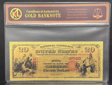 Gold-Plated $20 Banknote, Model: National Currency Replica, Serial: WR99999