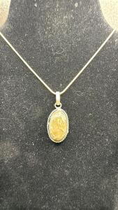 Golden Rutilated Quartz Pendant W/ 925 Silver Necklace