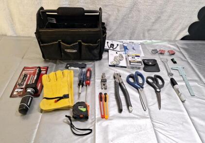 (1) 12" Soft Tool Bag, (1) Husky Ratcheting Screwdriver Set & Assorted Hand Tools