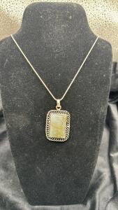 Prehnite Gemstone Set Into Rectangular Pendant W/925 Silver Necklace
