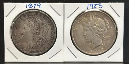 Morgan and Peace Silver Dollars, 1879 & 1923, US Mint