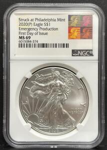 2020 American Silver Eagle MS69 NGC, 1 oz Fine Silver, Philadelphia Mint