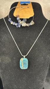 Larimar Gemstone Pendant W/ 925 Silver Necklace & Sodalite Chip Dangle Earrings