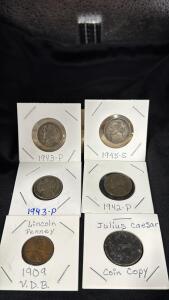 (4) WWII Nickels - 1943-P , 1942-P, 1945-P , 1909 Lincoln Penny V.D.B. , Julius Ceaser Coin Copy