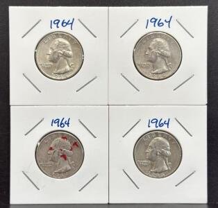 (4) Total 1964 U.S. Mint Washington Quarters, Silver, No Mint Mark