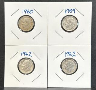 (4) Total 1959, 1960, 1962 Roosevelt Dime Collection - U.S. Mint, 90% Silver Content