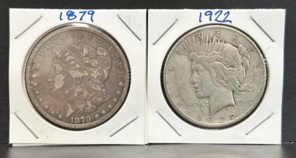 1922 Peace & 1879 Morgan Silver Dollars, 90% Silver Composition