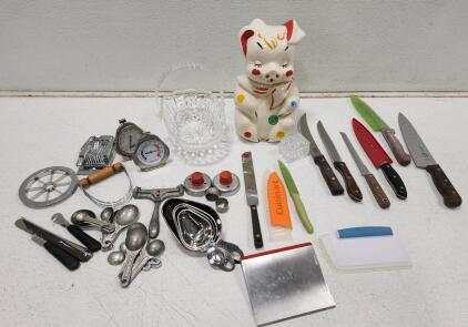 (1) Vintage American Bisque Polka Dot Pig Cookie Jar (1) Gorham Lady Anne 9" Clear Cut Crystal With Plastic Handle (1) Vintage Rectangle Cut Crystal Trinket Box And Assorted Utensils
