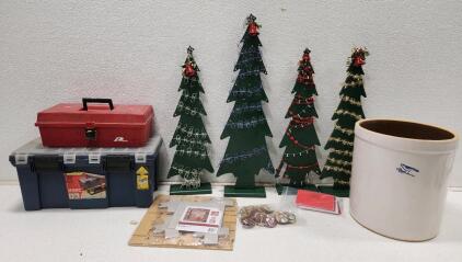 (1) Vintage Burley Clay Bluebird Stoneware Crock (4) Handmade Wooden Tabletop Christmas Trees (1) Dark Blue Yorkforce Toolbox And More