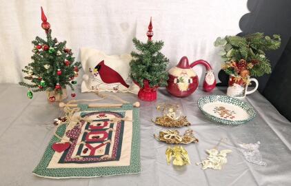 (2) Small Tabletop Christmas Trees, (2) Santa Gourds & Assorted Christmas Decor