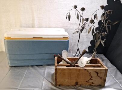 (1) Igloo Max5Cold Cooler, (1) Wooden Tool Box W/ Assorted Hand Tools & (1) Set Of (3) Decorative Metal Candle Holders