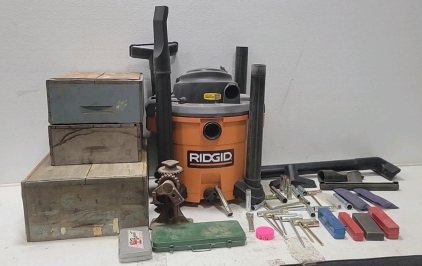 (1) Rigid 12 Gallon Wet/Dry Vacuum (10+) T-Handle Spark Plug Wrenches (1) Vintage Jack (3) Antique Crates