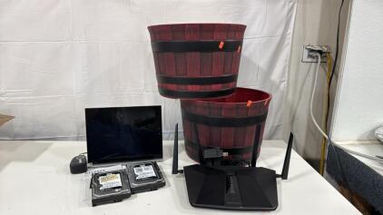 (1) Net Gear R6200 Router (1) Night Hawk WiFi Router (2) WD 1.0T Hard Drives (2) Plastic Planter Pots
