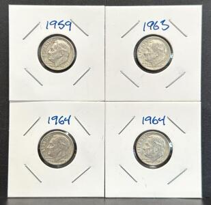 (4) Total 1959, 1963, 1964 Roosevelt Dimes, 90% Silver, U.S. Mint