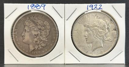 1889 Morgan Dollar & 1922 Peace Dollar, U.S. Silver Coins
