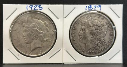 1879 Morgan Dollar & 1923 Peace Dollar, Silver, U.S. Coins