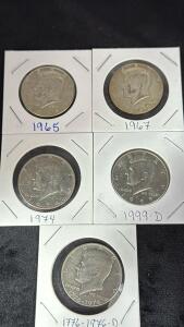 (5) Kennedy Half Dollars - (1) 1965 (1) 1967 (1) 1974 (1) 1999-D (1) 1776-1976-D Bicentennial