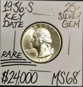 1936-S MS68 Rare Key Date Gem Silver Washington Quarter