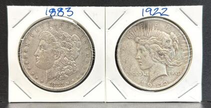 1922 Peace Silver Dollar & 1883 Morgan Silver Dollar, U.S. Coinage