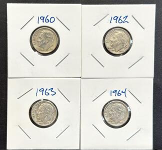 (4) Piece 1960-1964 Roosevelt Dime Collection, Silver Content, 90% Silver, USA Mint