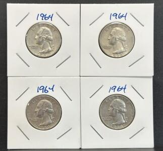 1964 Washington Quarter, Set of Four Coins, 90% Silver