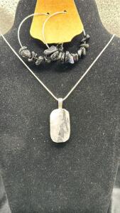 Howlite Gemstone Pendant W/925 Silver Necklace & Black Obsidian Crystal Chip Hoop Earrings