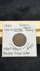 1900 Uncirculated Indian Head Penny - Mint Error: Reverse Tilted Collar