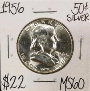 1956 MS60 Silver Mint State Franklin Half Dollar