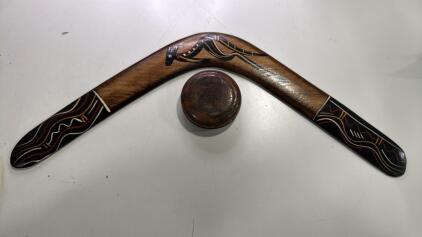 Vintage/ Antique Wooden YoYo W/ Engraving On Sides & Decorated Wooden Boomerang
