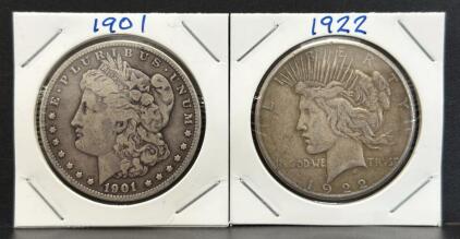 1901 Morgan Dollar & 1922 Peace Dollar, US Mint, 90% Silver, Historical Coins