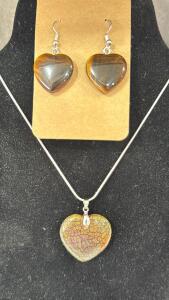 Fire Agate Heart Shaped Stone W/925 Silver Necklace & Heart-Shaped Tiger's Eye Dangle Earrings.