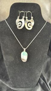 Colombian Emerald W/ 925 Silver Necklace & Pair Of Silver Toned Earrings