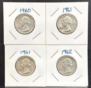 (4) U.S. Mint Washington Quarters, 1960, 1961, 1962, 90% Silver