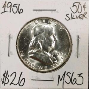 1956 MS63 Silver Mint State Franklin Half Dollar