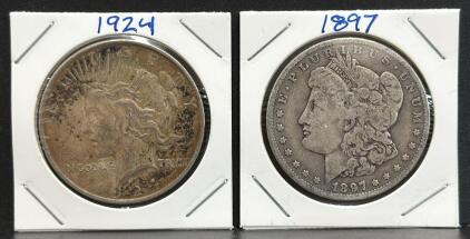 1924 Peace Dollar and 1897 Morgan Dollar, Silver Coins