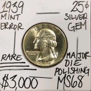 1939 MS68 Rare Mint Error Gem Silver Quarter