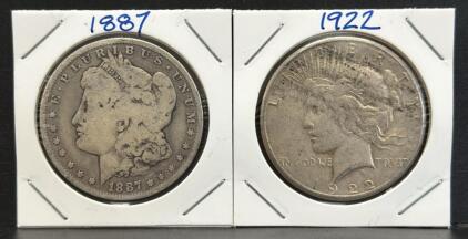1887 Morgan Silver Dollar & 1922 Peace Silver Dollar, 90% Silver