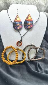 Nature Scene Tear Drop Shaped Earrings, Black Cord Necklace W/ Donut Pendant & 4 Beaded Bracelets