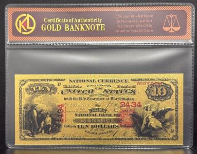 24k Gold-Plated $10 National Currency Replica, First National Bank of Bismarck